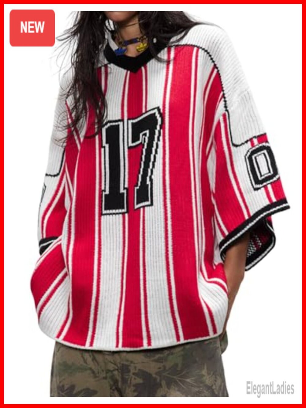 Oversized Stripe Graphic Football Jersey Knit Sweater Pullover